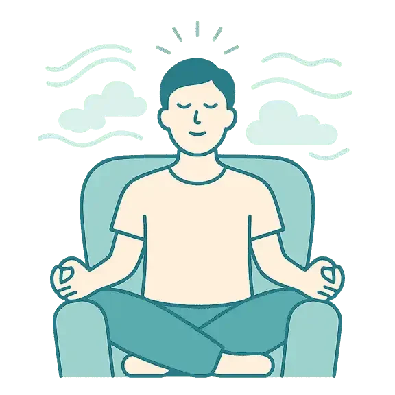 Illustration einer Person, die entspannt im Schneidersitz auf einem Sofa meditiert, mit Wolken im Hintergrund.